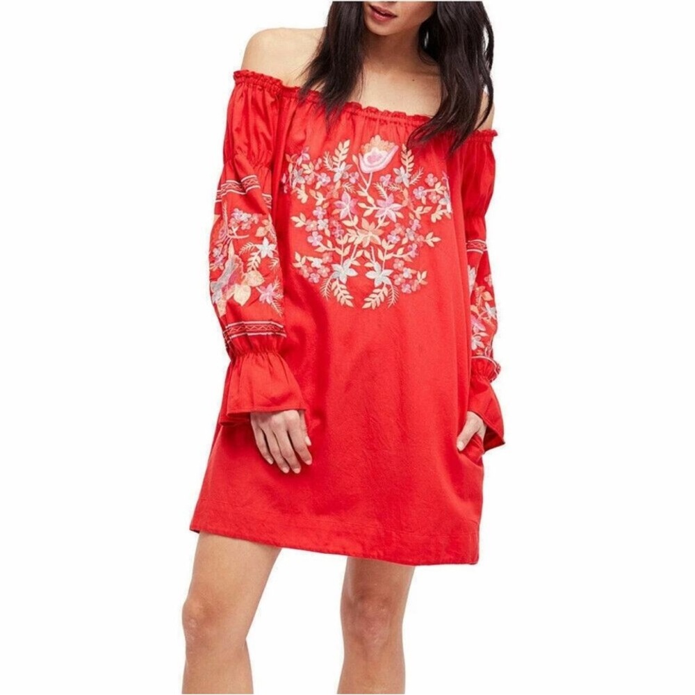 Free People Flyer De Jour Red Embroidered Mini Shift Dress
